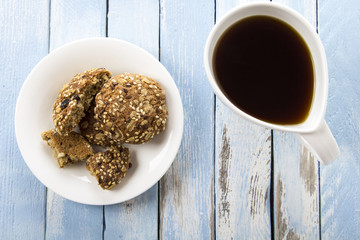 oatmeal cookies coffee breakfast cook rustic wooden background
