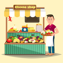 Showcase with man selling cheese products