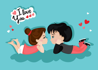 Valentine's Day. Loving girl and boy looking at each other. Love card.