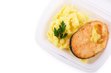Roast fish steak fresh with mashed potatoes