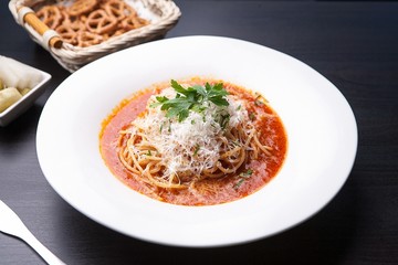 Spaghetti Bolognese on table