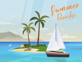 Fototapeta na wymiar Ocean Island with palm trees and yacht or ship