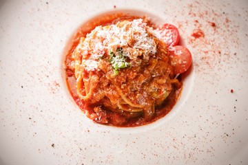 Spaghetti Bolognese on table