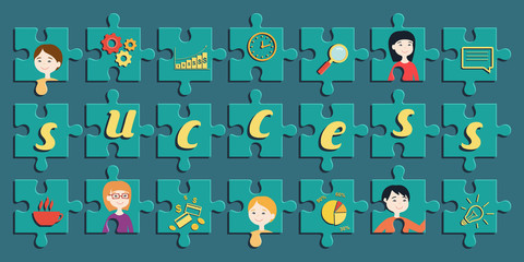 Flat design vector illustration of jigsaw puzzle with portrait of office workers, business icons and text "success"