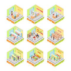 Supermarket Interior Vector Set. Isometric