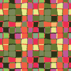 Seamless geometric mosaic checked pattern. Background of woven rectangles and squares. Patchwork, ceramic, tile texture. Green, gray, red colors. Vector