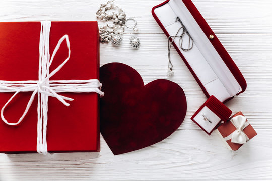 stylish red present and heart and luxury jewelry  accessories on