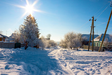 descent through the village through the white snow, surrounded by trees with sunlight