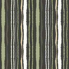 Seamless strip pattern. Vertical lines with torn paper effect. Shred edge texture. Gray, green, olive white dark colored background. Vector