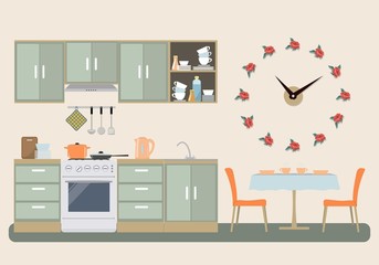 Kitchen in provence color. There is a furniture, a stove, a table with chairs, a big clock in a shape of roses on the wall and other objects in the picture. Vector flat illustration.