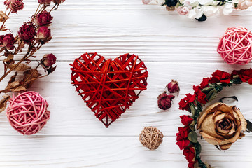 stylish heart and roses  on white wooden background. happy valen
