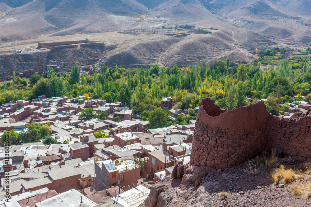 Sticker Aerial view with old ruins on Abyaneh village in Iran