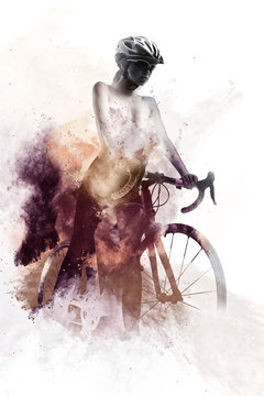 Woman with a bicycle. Abstract watercolor. Digital art