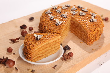 Honey pie on a wooden cutting board