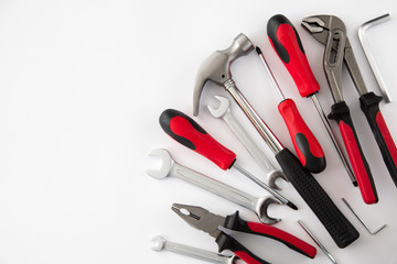 various and many tools on white background