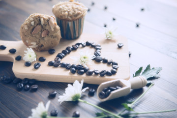 Coffee and dessert on a wooden table appetizing.