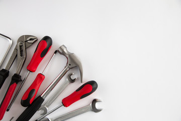 various and many tools on white background