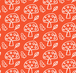 Mushroom seamless pattern. Vector autumn background with edible mushroom.  Hand drawn traditional symbols, cute design elements, handwritten ink lettering. Made of hand drawing. Children's style.