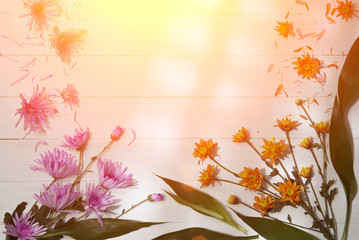 Fototapeta na wymiar valentine background : Flowers on wood background
