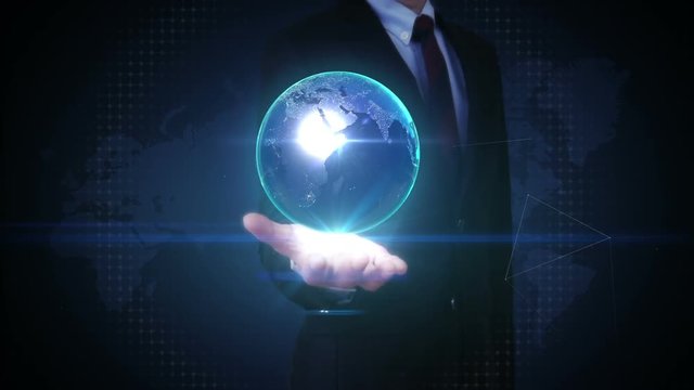 Businessman open palm, Rotating earth, communication, network world map. 