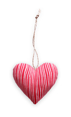 Red striped sewed pillow heart isolated on white background, valentine