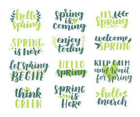 Fototapeta premium Vector set of hand-written spring brush lettering. Hello spring. Spring collection green ink floral elements on white isolated background.