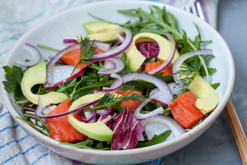 Green light salad with smoked salmon and avocado. Love for a healthy food concept