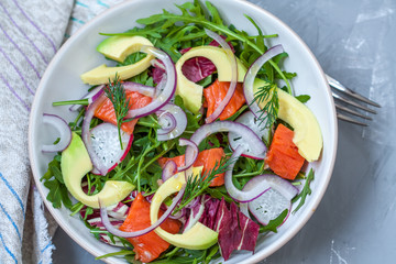 Green light salad with smoked salmon and avocado. Love for a healthy food concept