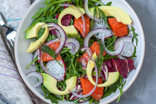 Green light salad with smoked salmon and avocado. Love for a healthy food concept