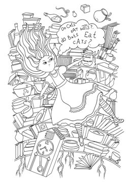 Alice in Wonderland. Alice is falling down into the rabbit hole coloring page. Black and white graphics art. Vintage hand drawn vector illustration