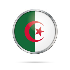 Vector Algerian flag button. Algeria flag in glass button style with metal frame.