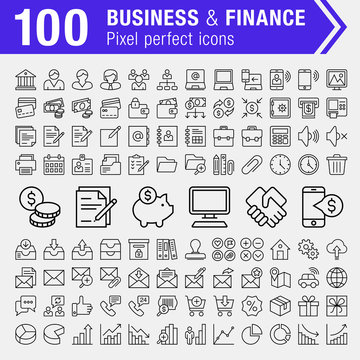 Set of 100 pixel perfect finance, banking and business icons for mobile apps and web design.