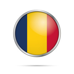 Vector Chadan flag button. Chad flag in glass button style with metal frame.