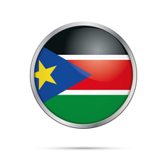 Vector South-Sudanese flag button. South Sudan flag in glass button style with metal frame.