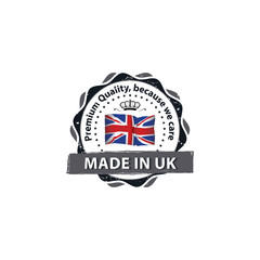 Made in Great Britain, Premium Quality, Trusted Brand - grunge label / badge / sticker with the United Kingdom's flag. Print colors used.