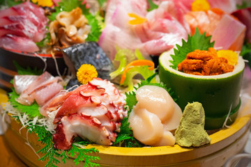 Japanese plate of sashimi with raw seafood
