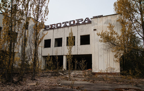 Restaurant at Chernobyl exclusion zone with ruins of abandoned p