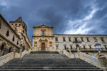 Fototapeta premium Stairs in front of Church of Saint Francis of Assisi in Noto city, Sicily in Italy