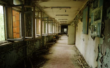 Poster Abadoned school corridor with open windows at Chernobyl city zon © AS Photo Family
