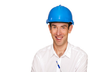 Architect man, blue helmet, isolated over white background.