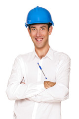 Architect man, blue helmet, isolated over white background.