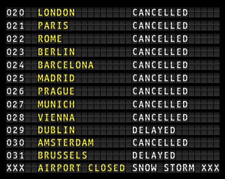 Flight information display at airport during a snow storm, vector