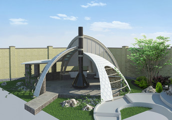Modern gazebo exterior and alfresco living area, 3D illustration
