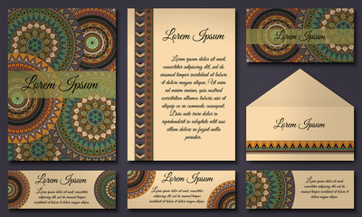Set of invitation templates with colorful tribal mandalas. Ethnic wedding and invitation cards.