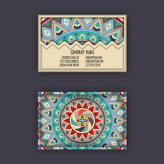 Vector Business card Design Template with Ornamental geometric mandala pattern. Vintage decorative elements. Hand drawn tile background.