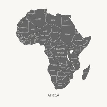 AFRICA MAP WITH NAME OF THE COUNTRIES grey color illustration vector