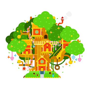 Children treehouse colorful vector illustration with houses, branches, leaves, flowers, birds, ladders, chimney for kids playground. House on the tree vector flat design.