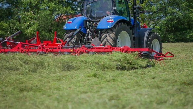 A big blue tractor is making a turn on the lawn. There are rotary hay rakes connected to it and a farmer is preparing hay.
