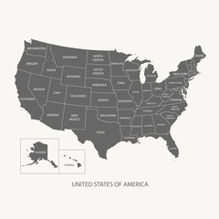 Fototapeta na wymiar USA MAP WITH NAME OF COUNTRIES,UNITED STATES OF AMERICA MAP, US MAP flat grey color illustration vector