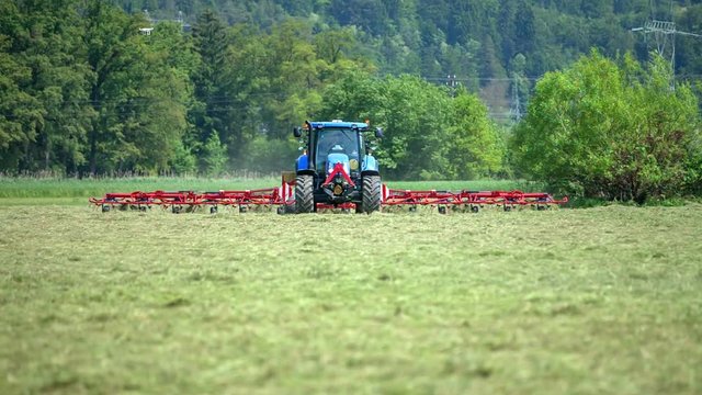 Rotary hay rakes on a agricultural machinery are working really fast when turning dry hay around.
